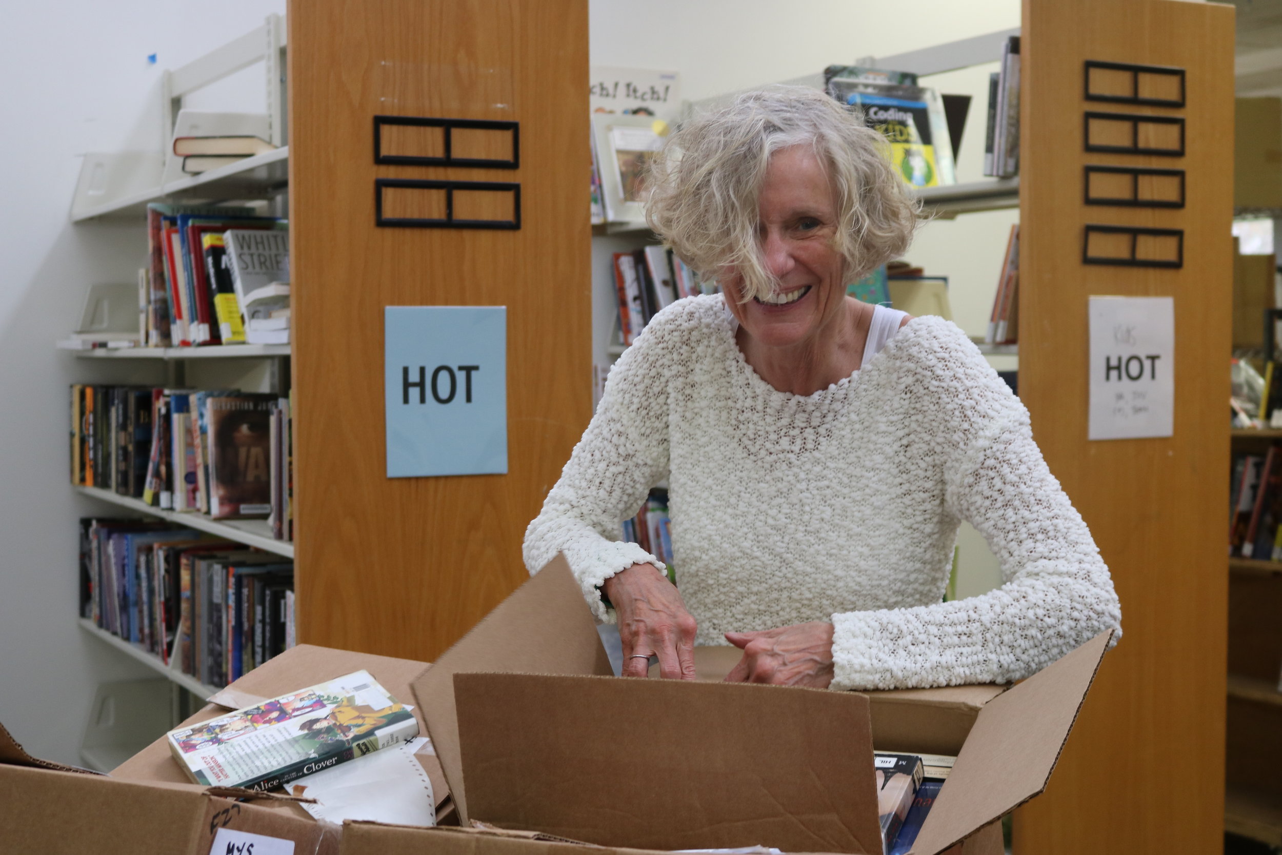 Houston Library Foundation Volunteer sorting books